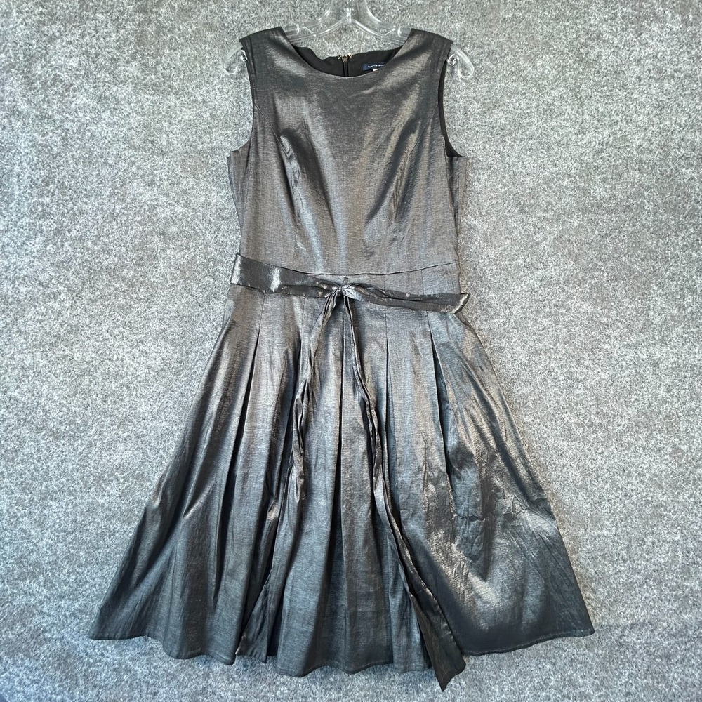 Tommy Hilfiger Taffeta Fit & Flare Dress Womens 8 Metallic Dark Gray Tie Stretch